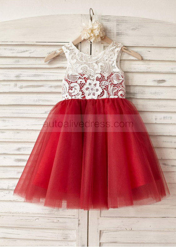 Ivory Lace Red Tulle Knee Length Flower Girl Dress
